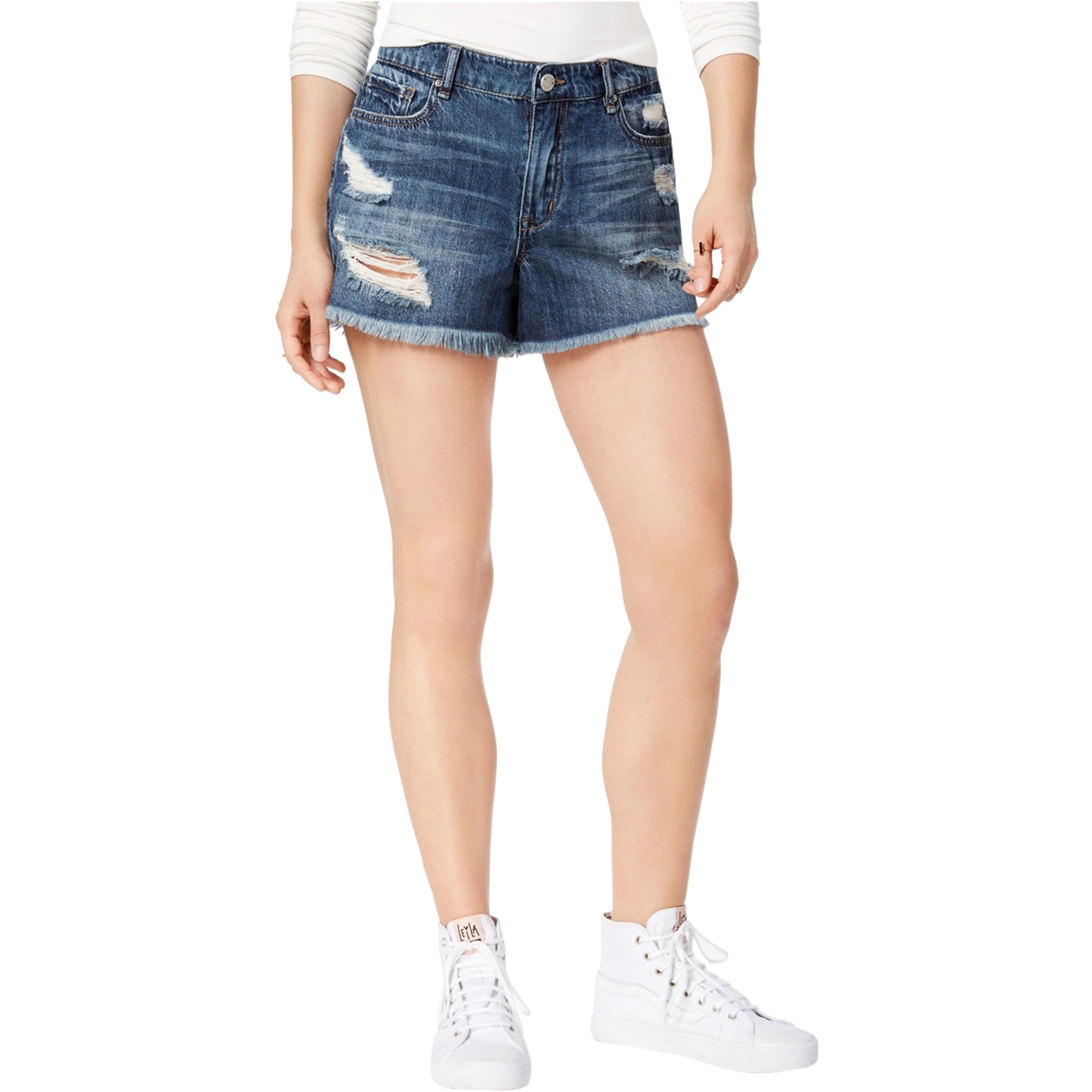 Womens Blue Distressed Frayed Short Size: 32 Waist